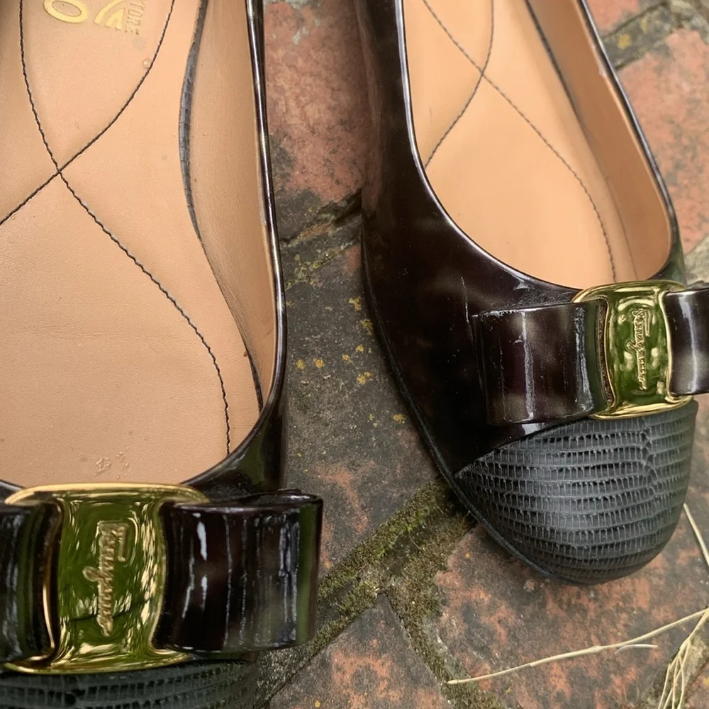 FERRAGAMO Tortoise/Animal Patent & Lizard Embossed cap Ballerina Flat sz… - Picture 10 of 14